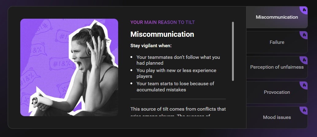 Image of a women playing games and yelling. Text says "Your main reason to tile: Miscommunication. Stay vigilant when: Your teammates don't follow what you had planned."