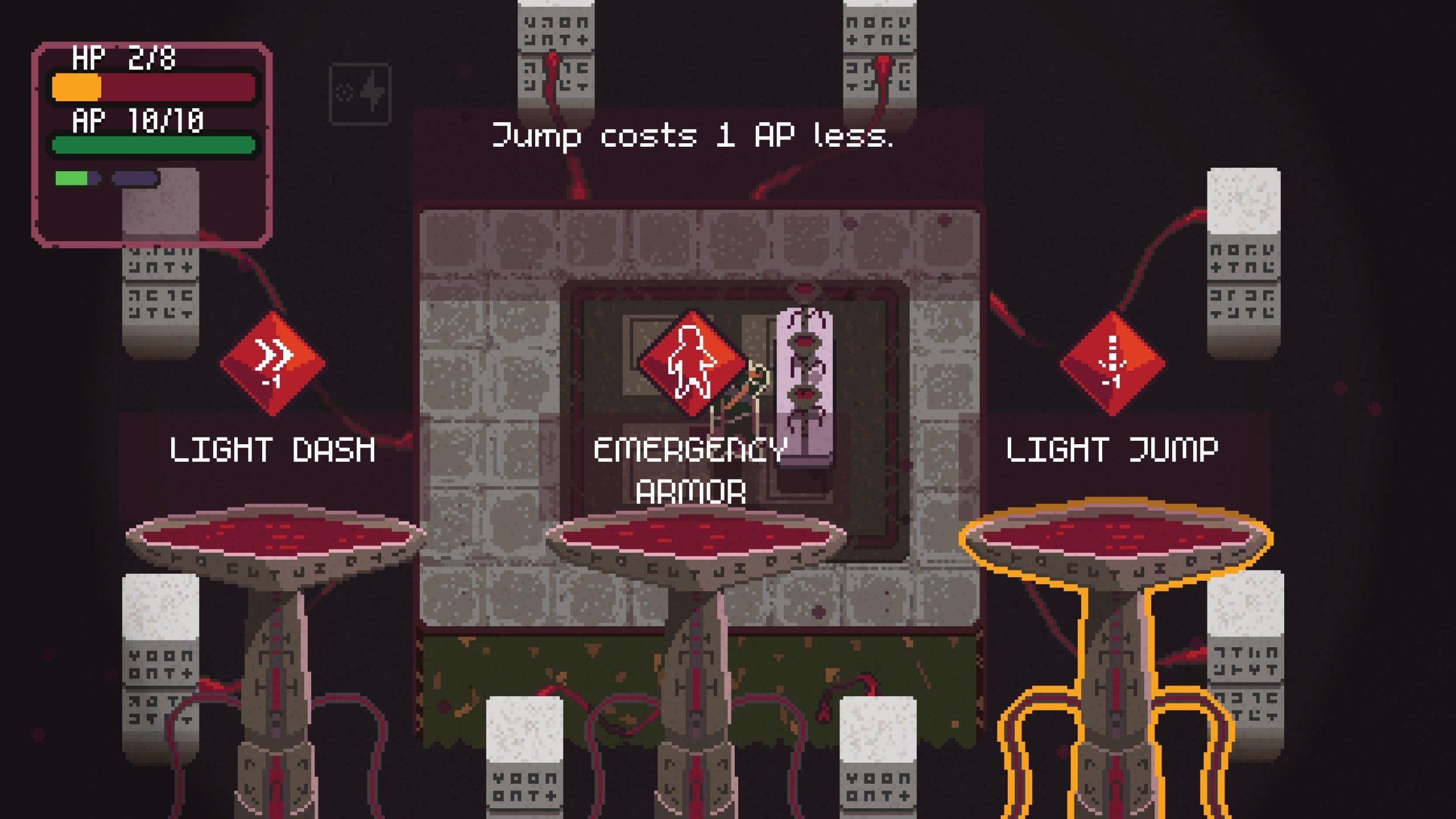 A selection chamber in the Undergrave, where you can improve abilities or heal.  Three pedestals of pooled blood represent the choices and show zoomed in on the screen.
