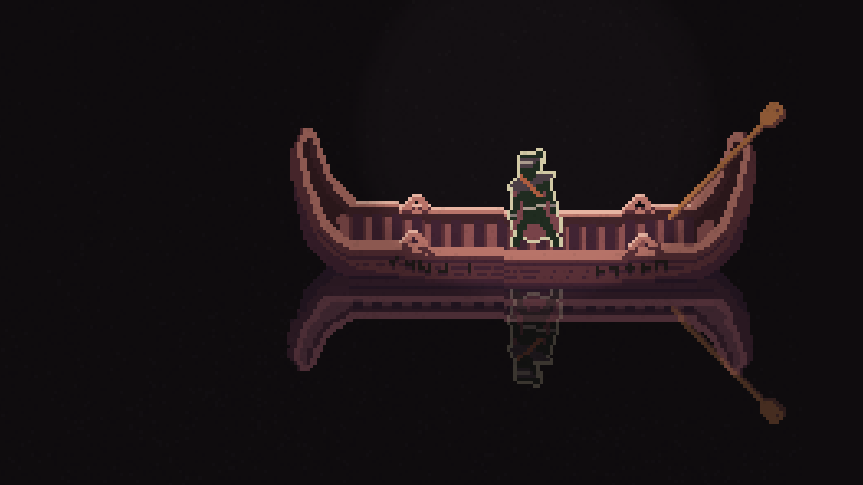 A pixelated ninja stands in a small boat sailing on a black, calm, mirrored water, on their way to the land of the dead.