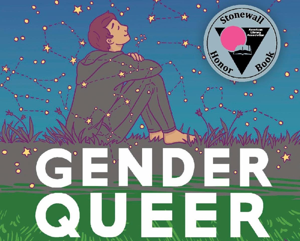 Cropped image of Gender Queer deluxe edition cover, showing seated figure on grass, smiling with closed eyes, image is overlayed by a constellation motif