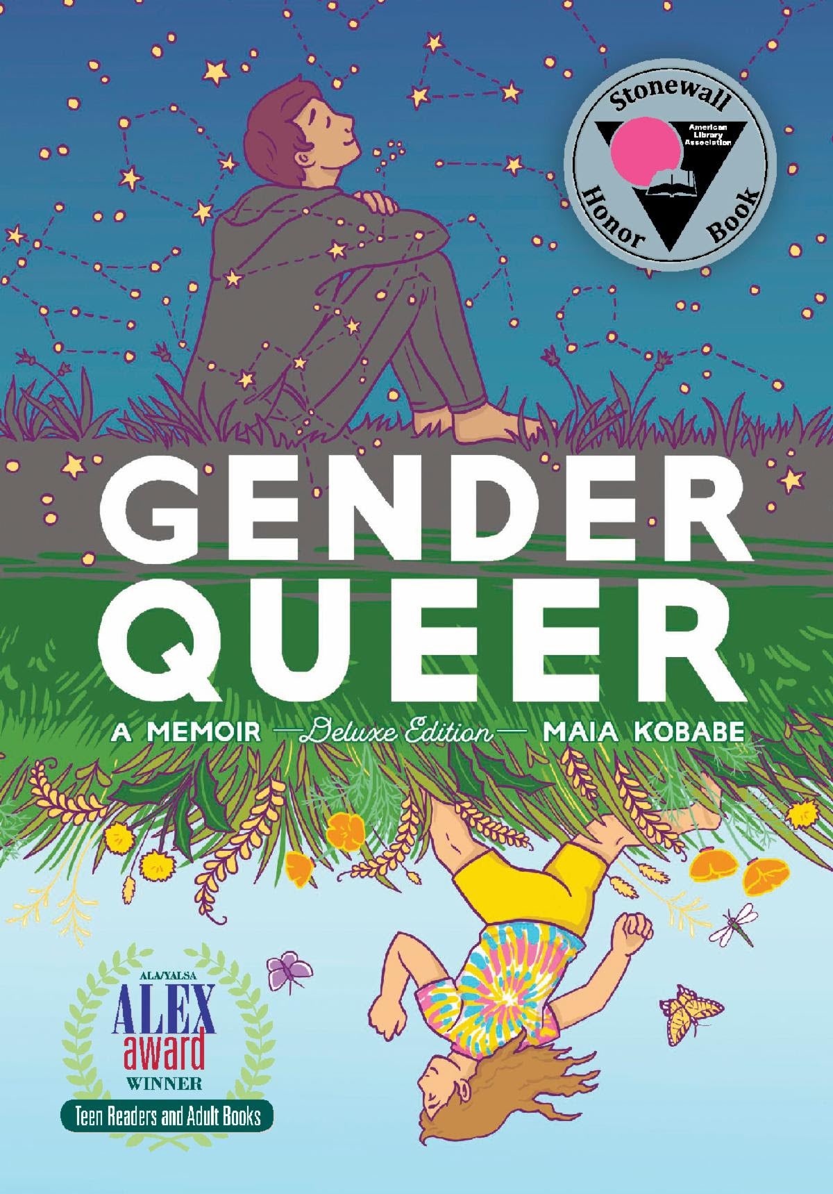 Cropped image of Gender Queer deluxe edition cover, showing seated figure on grass, smiling with closed eyes, image is overlayed by a constellation motif, on the flip side of the cover, a figure wearing at tie die shirt running in a field of flowers