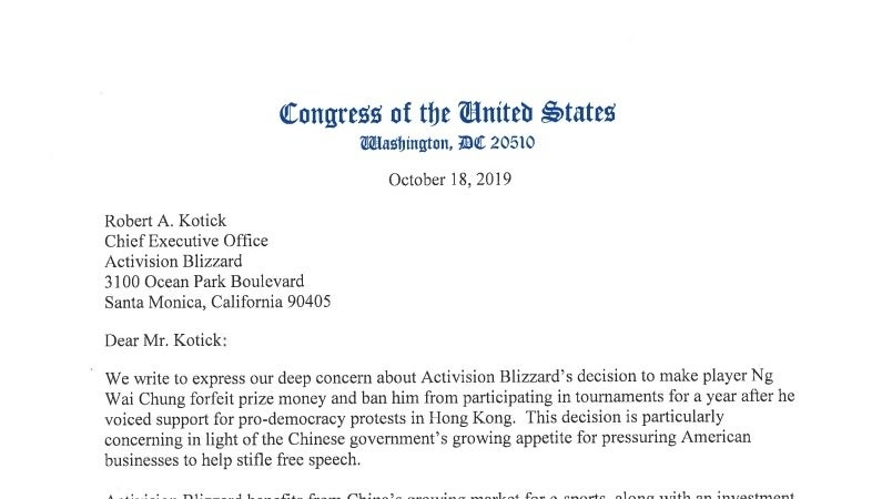 Image for US politicians write to Activision Blizzard boss Bobby Kotick expressing "deep concern" over punishment of Hong Kong Hearthstone pro