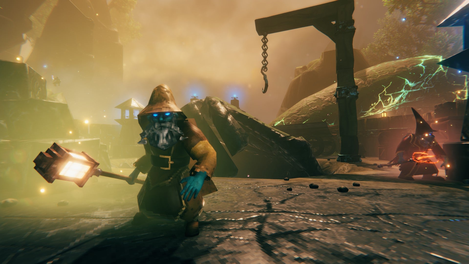 Valheim Mistlands update - a dwarf holding a lantern in a brown rocky biome