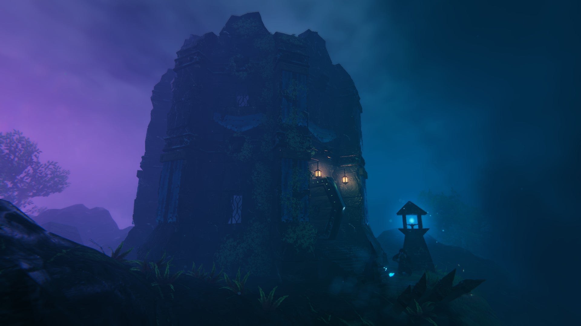 Valheim Mistlands update - a large rocky structure in dark purple and blue haze