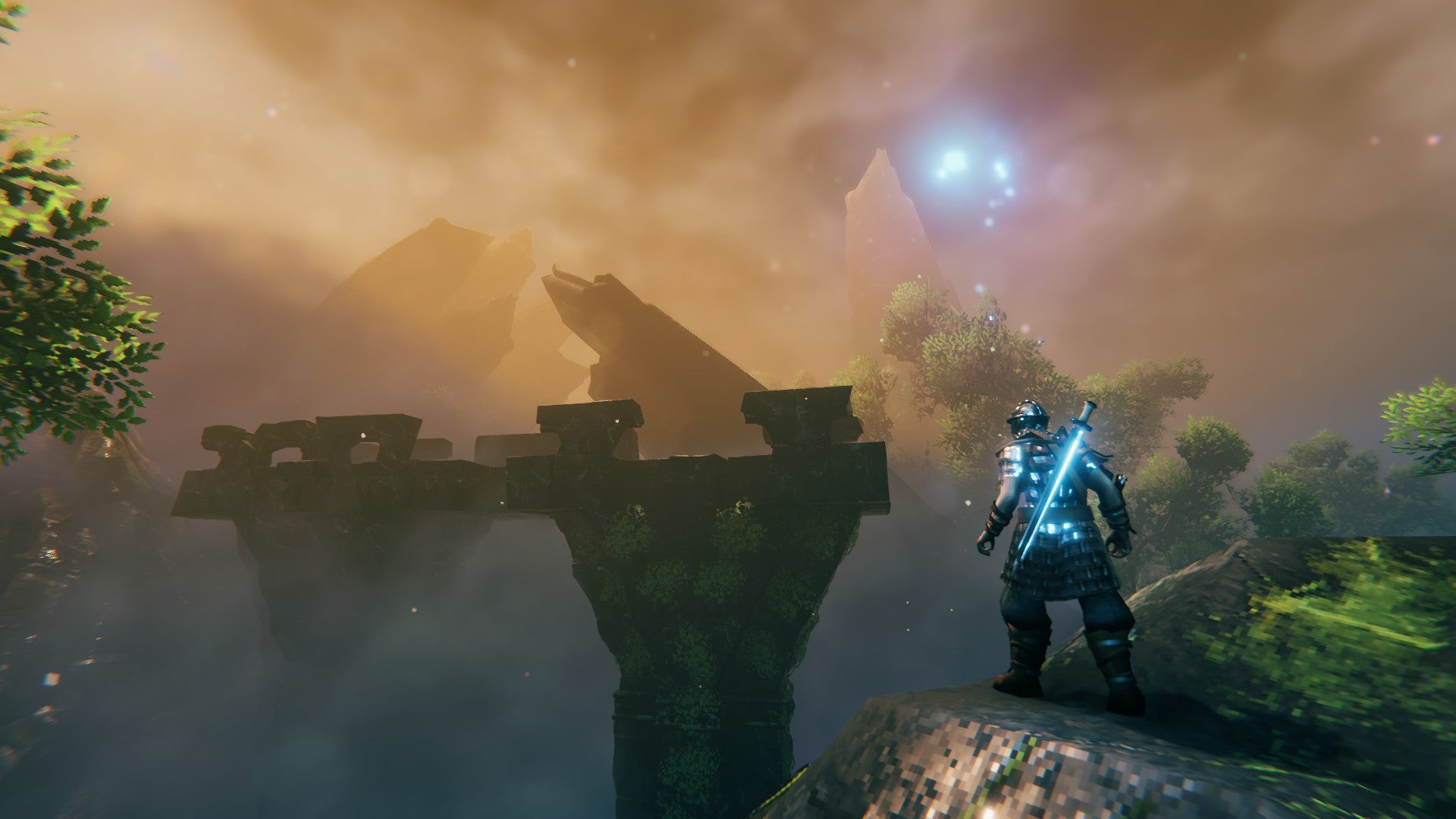 Valheim Mistlands update - a player looks out from a ledge over the misty landscape