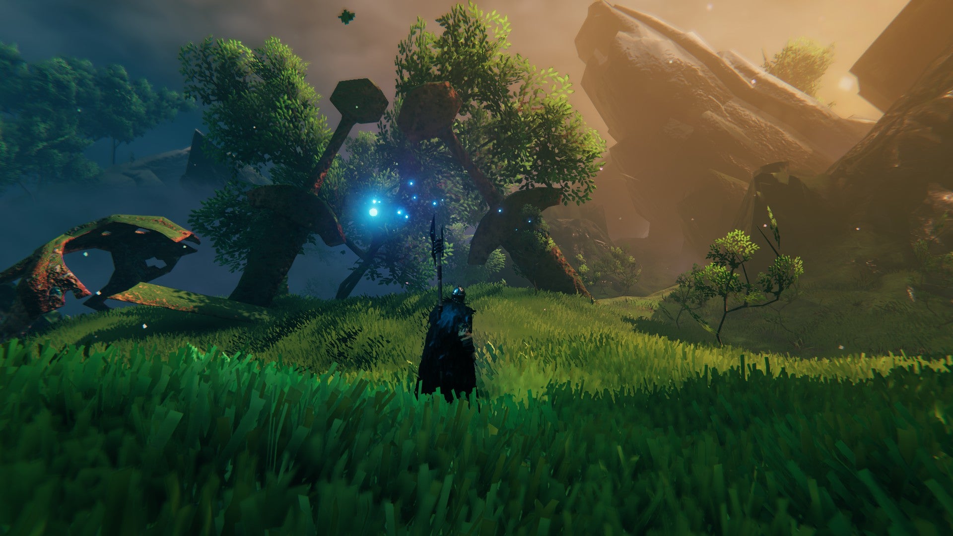 Valheim Mistlands update - grassy biome with a blue light and distant jagged rocks