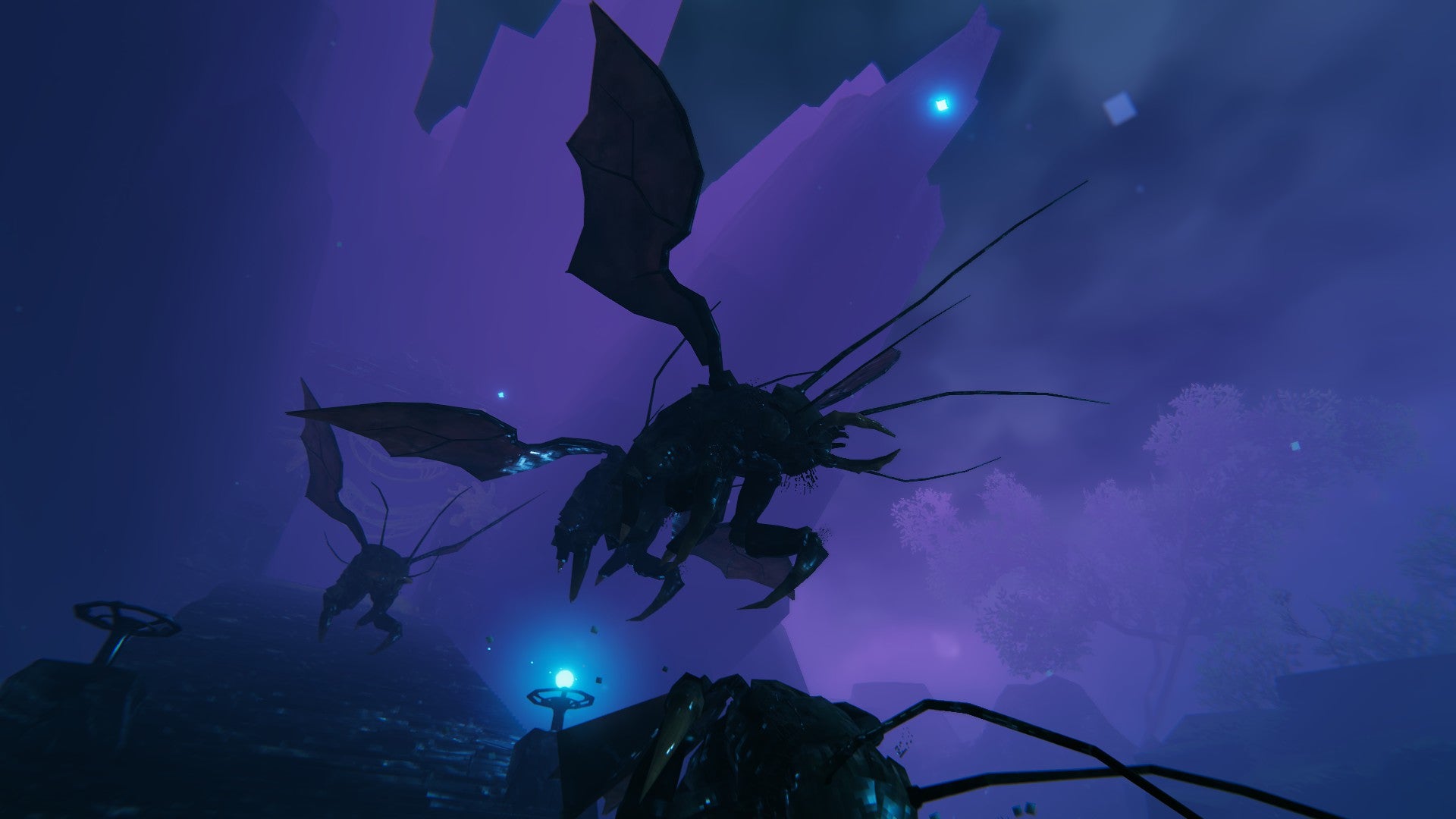 Valheim Mistlands - giant enemy ants fly, silhouetted across a purple sky