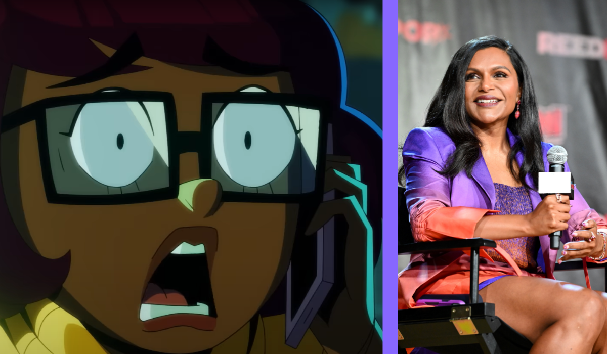 A still image from Velma animated show next to a photograph of Mindy Kaling at NYCC