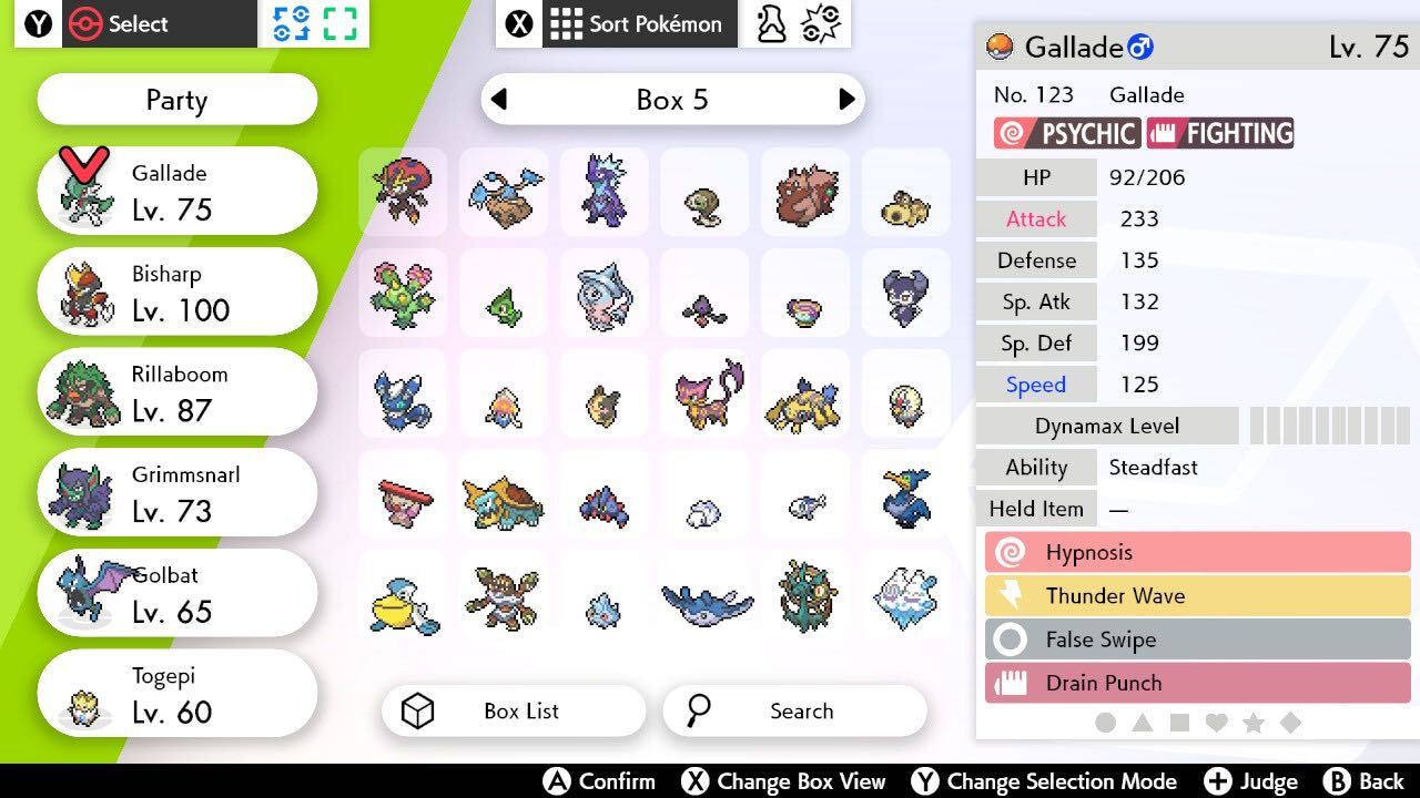 A screenshot of your Pokémon storage box from Pokémon Sword and Shield showing my catcher Pokémon Gallade highlighted
