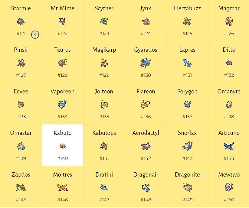 A screenshot of a section of pokedextracker.com showing all but one pokemon remaining from a group of 30.