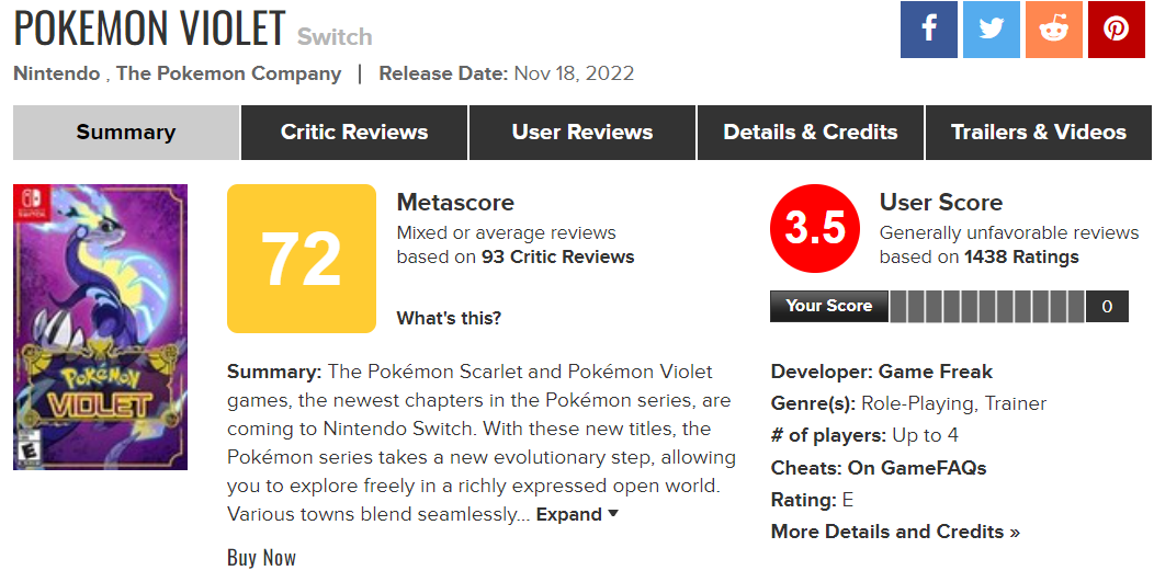 Imagem para Pokémon Scarlet e Violet no fundo da tabela no Metacritic