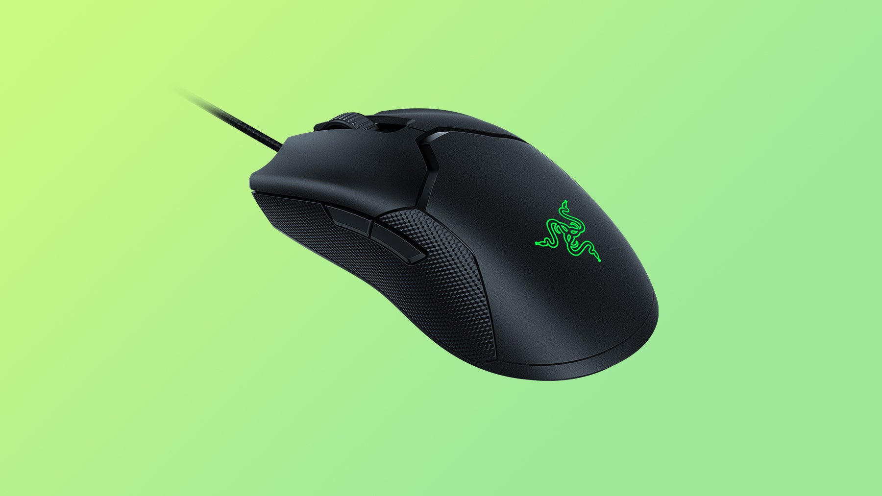 a razer viper 8k, shown in black with green lighting and a green background