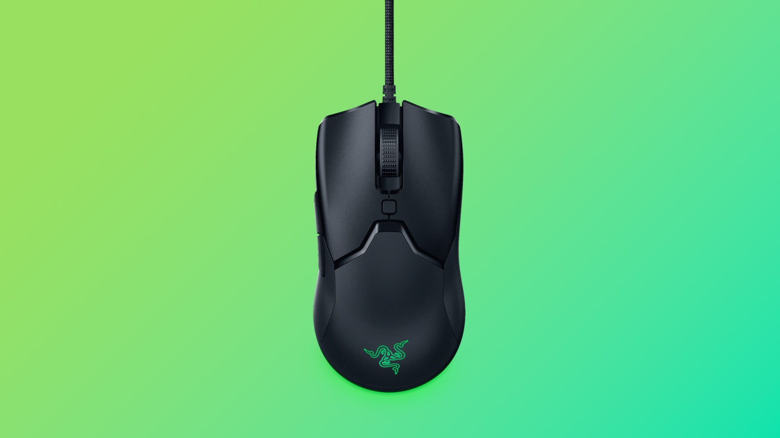 a photo of a razer viper mini gaming mouse, with a green Razer logo, on a coloured background. The mouse is symmetric, making it useful for left and right-handers.
