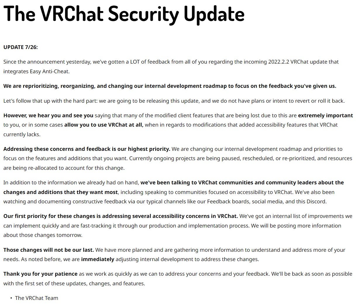 La mise à jour du blog de VRChat annonçant la mise à jour Easy Anti-Cheat.