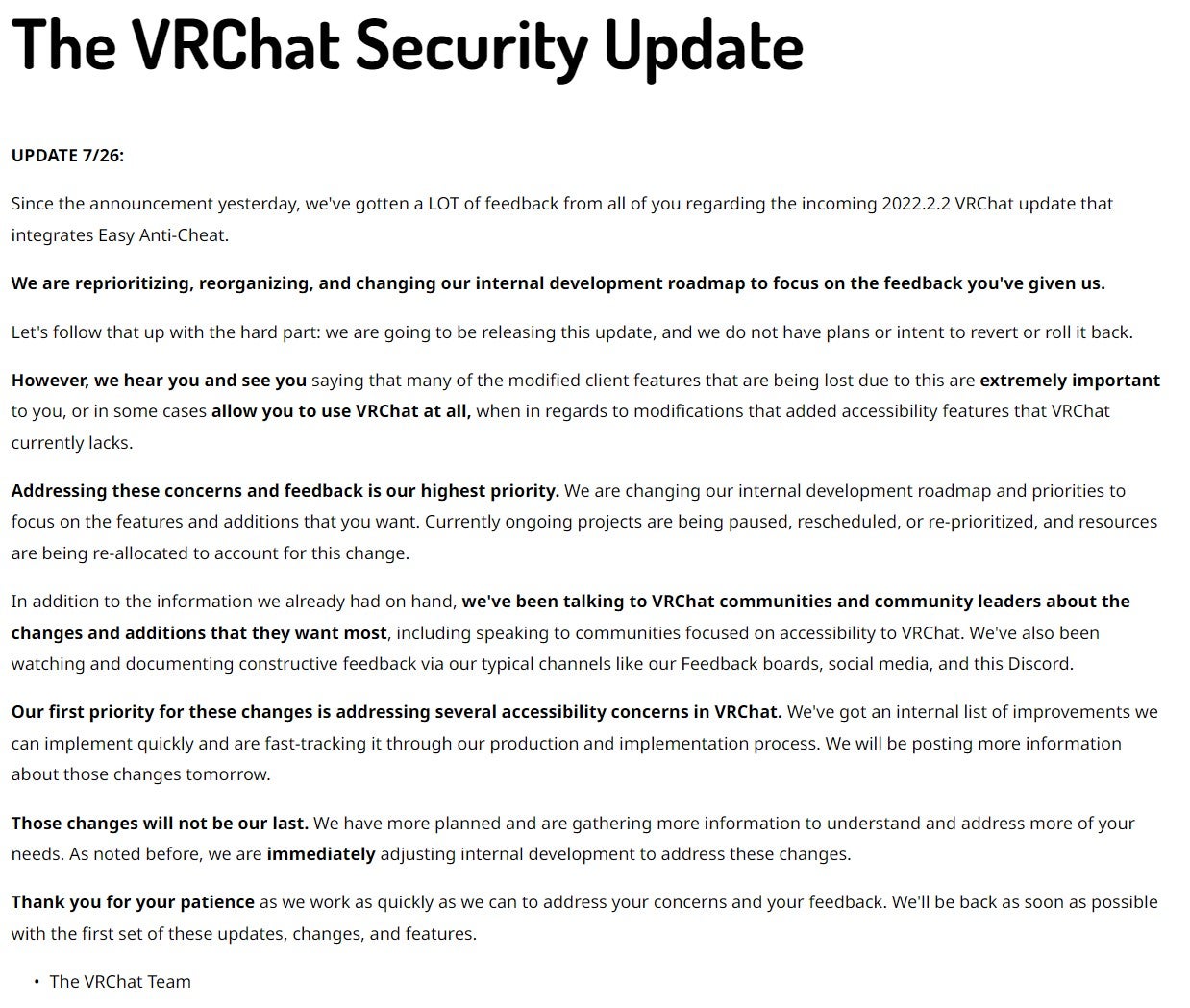 La actualización de la publicación del blog de VRChat que anuncia la actualización Easy Anti-Cheat.