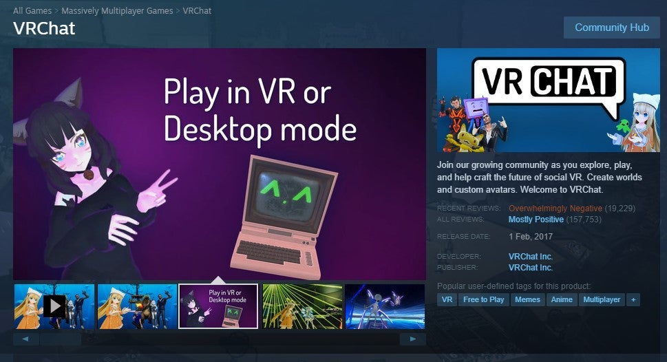 VRChat examine le bombardement sur Steam.
