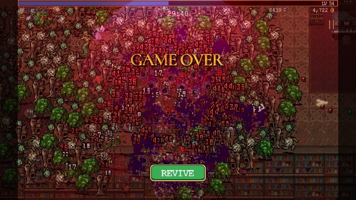 A Vampire Survivors game over screen. The playfield is covered with enemies showing damage indicators above their heads