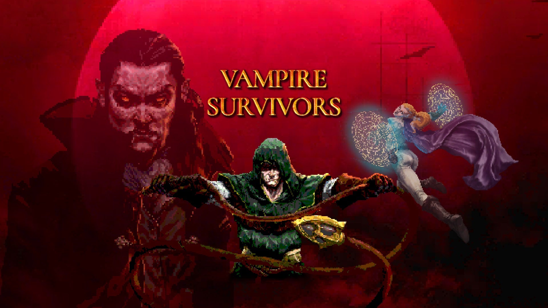 Vampire Survivors title screen with a man holding a whip underneath the name of the game. A semi-transparent vampire head is in the background along with a sorceress casting a spell