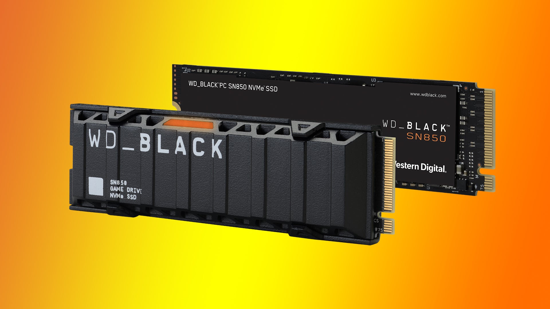 Image of a WD_BLACK SN850 SSD on an orange to yellow gradient background