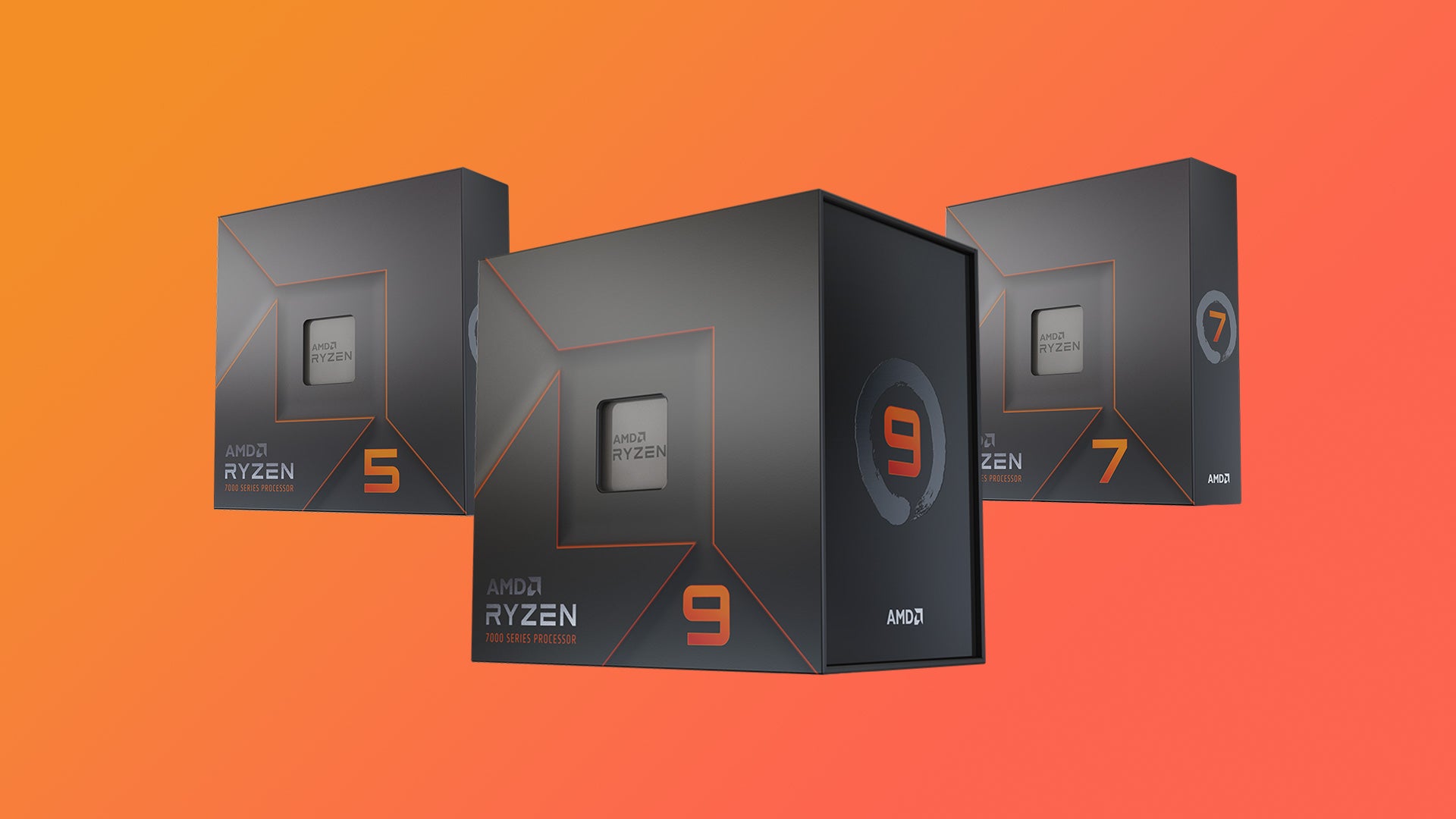 three amd ryzen 7000 processors pictured on a coloured backdrop, for an article on where to buy ryzen 7600x, 7700x, 7900x and 7950x