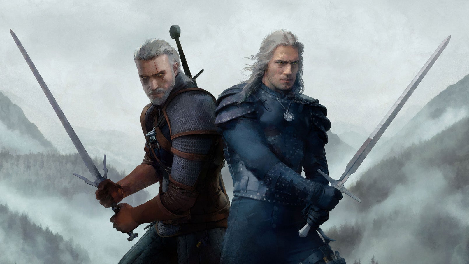 A detailed illustration of game-Geralt and Netflix-Geralt standing side by side with swords drawn, ready for action. That sounds rude now I think of it.
