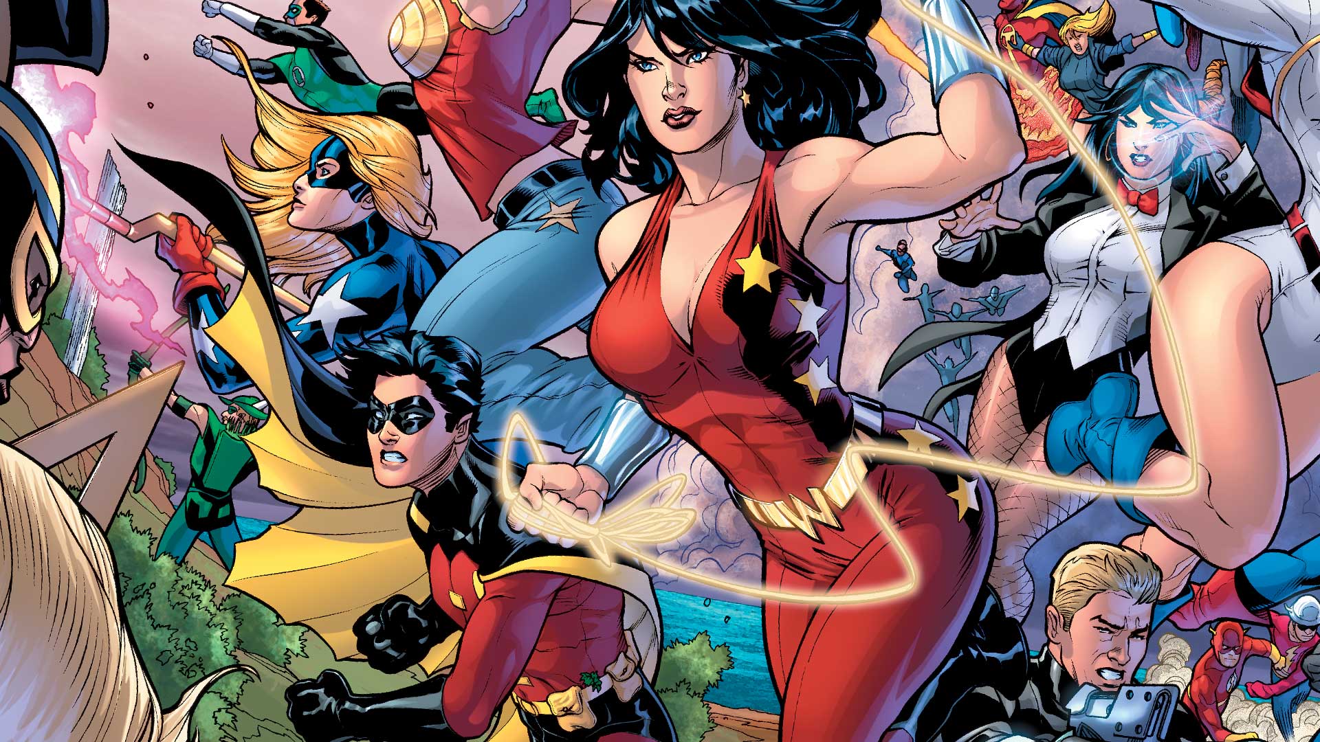 Donna Troy in red suit wielding the Lasso of Truth