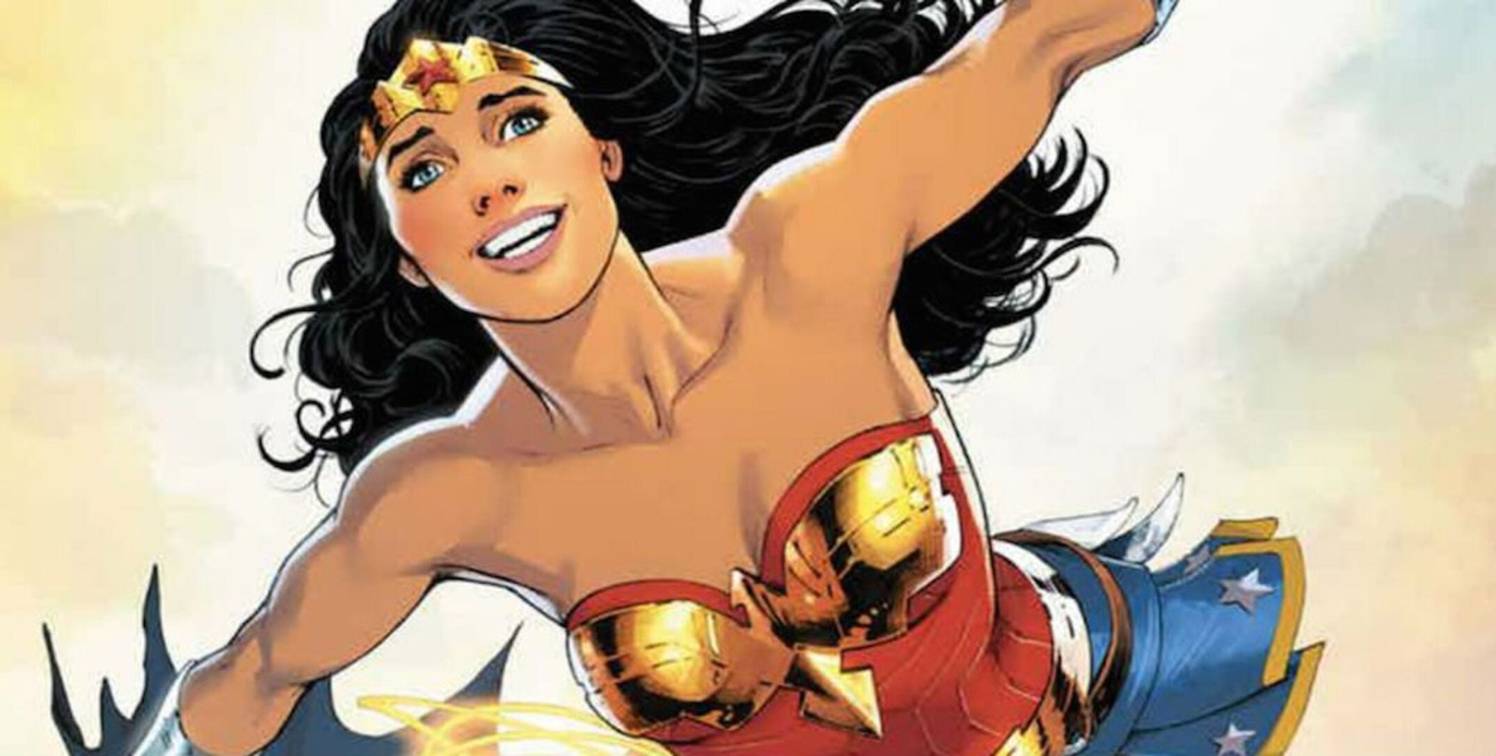 Wonder Woman smiling and flying