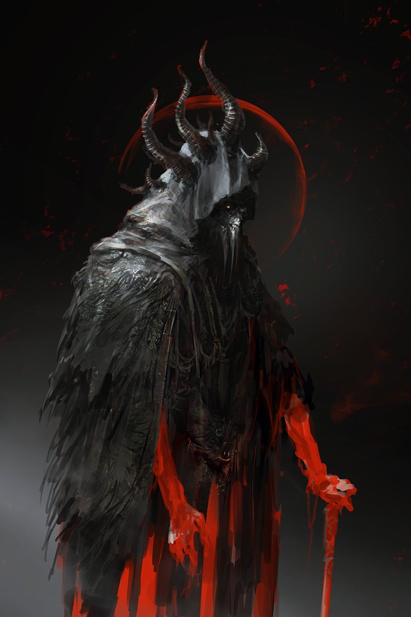 A horned and hooded figure, shrouded in black, with red running like blood off of them.