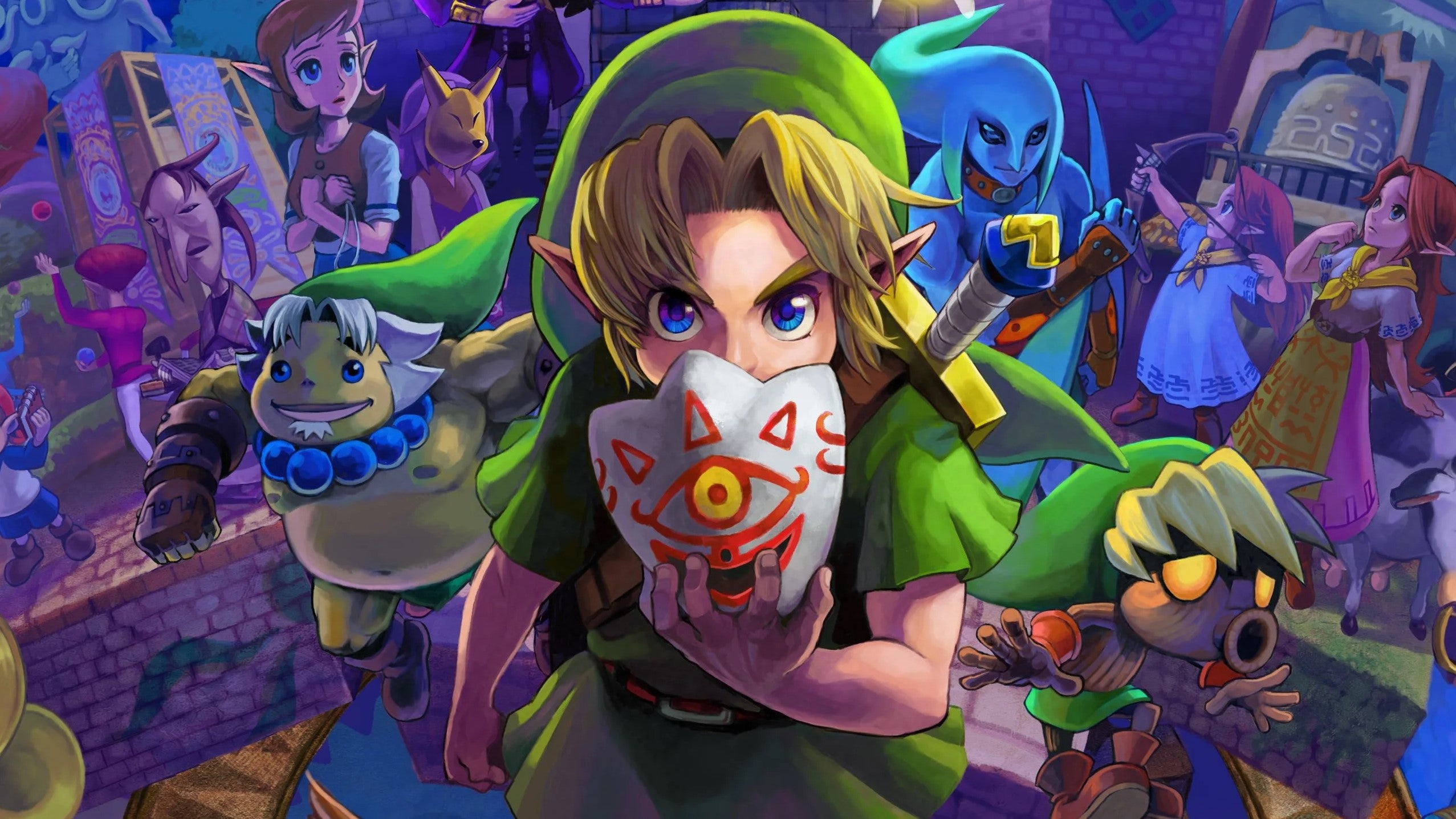 An illustration for Zelda game Majora's Mask, with hero Link standing close to the viewer holding Majora's Mask over half of their face.